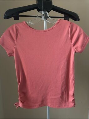Girl’s' Coral Pink Ribbed Short Sleeve Top with Side Ties